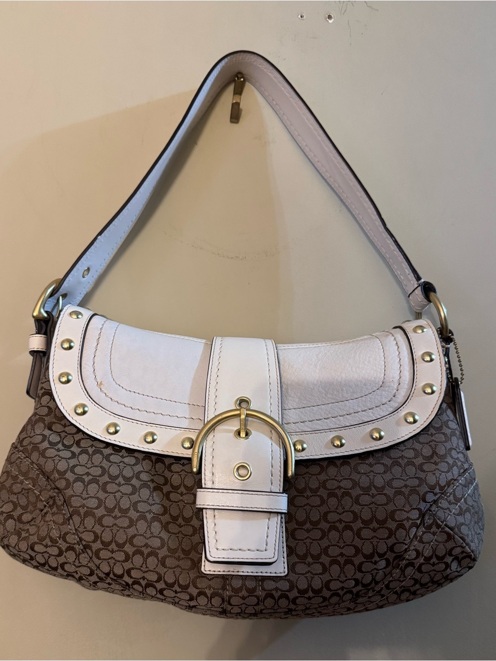 Authentic Vintage Y2K Coach Studded Soho Flap Bag F11534 White Monogram-Pristine